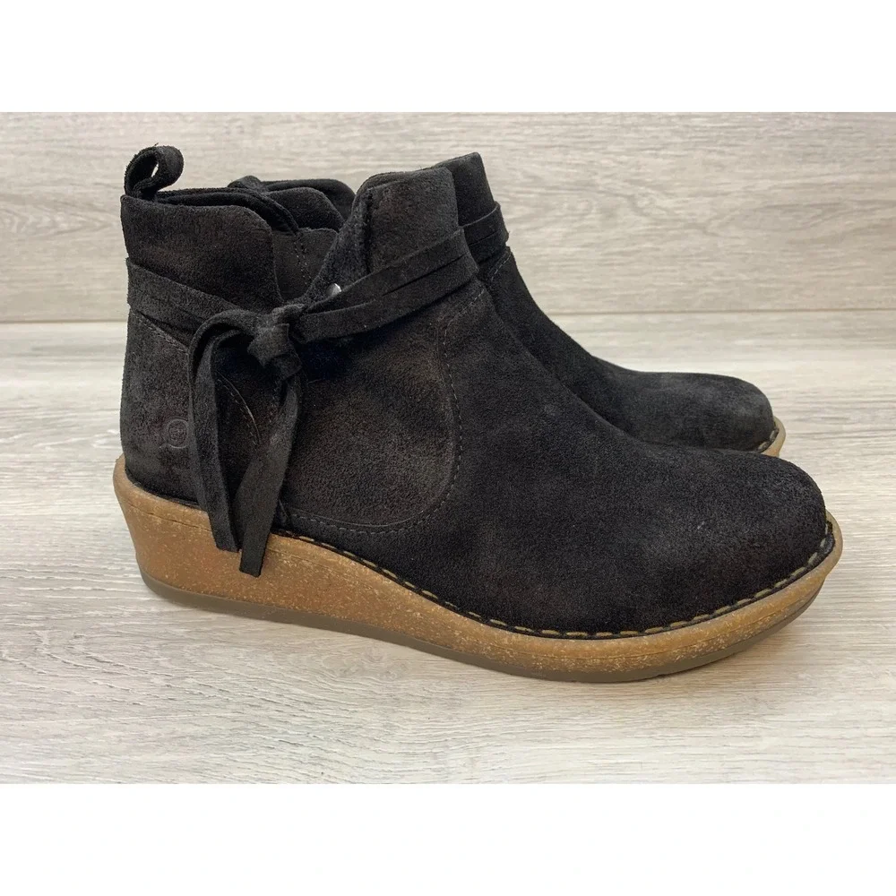 Born Women's Ankle Boots Black Suede Wedge Tie Detail Side Zip Booties 8 Shoes